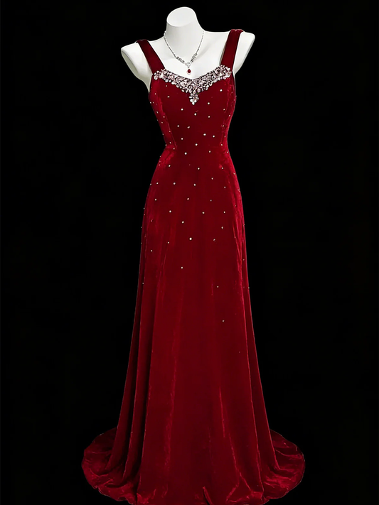 Wine Red Beaded A-line Velvet Straps Prom Dress, Wine Red Velvet Party Dress  fg8729