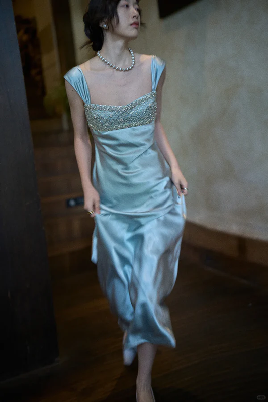 Elegant Blue A Line Straps Beaded Satin Long Prom Dress Evening  Dress fg8690