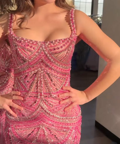 Gorgeous Pink Spaghetti Straps Sequin Beaded Long Evening Dress Formal Party Gown fg8357