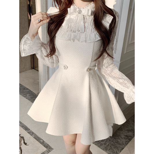Lace White Dress for Women, Autumn/Winter Short Skirt  A78