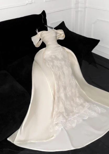 Mermaid Off The Shoulder Satin Lace wedding  Dress,Formal Evening Dress  fg8495