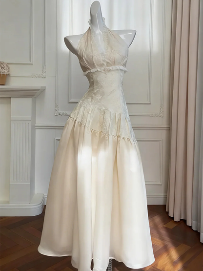 Ivory V-neckline Halter Long Prom Dress, Retro Lace Party Dress Formal Dress  fg8748