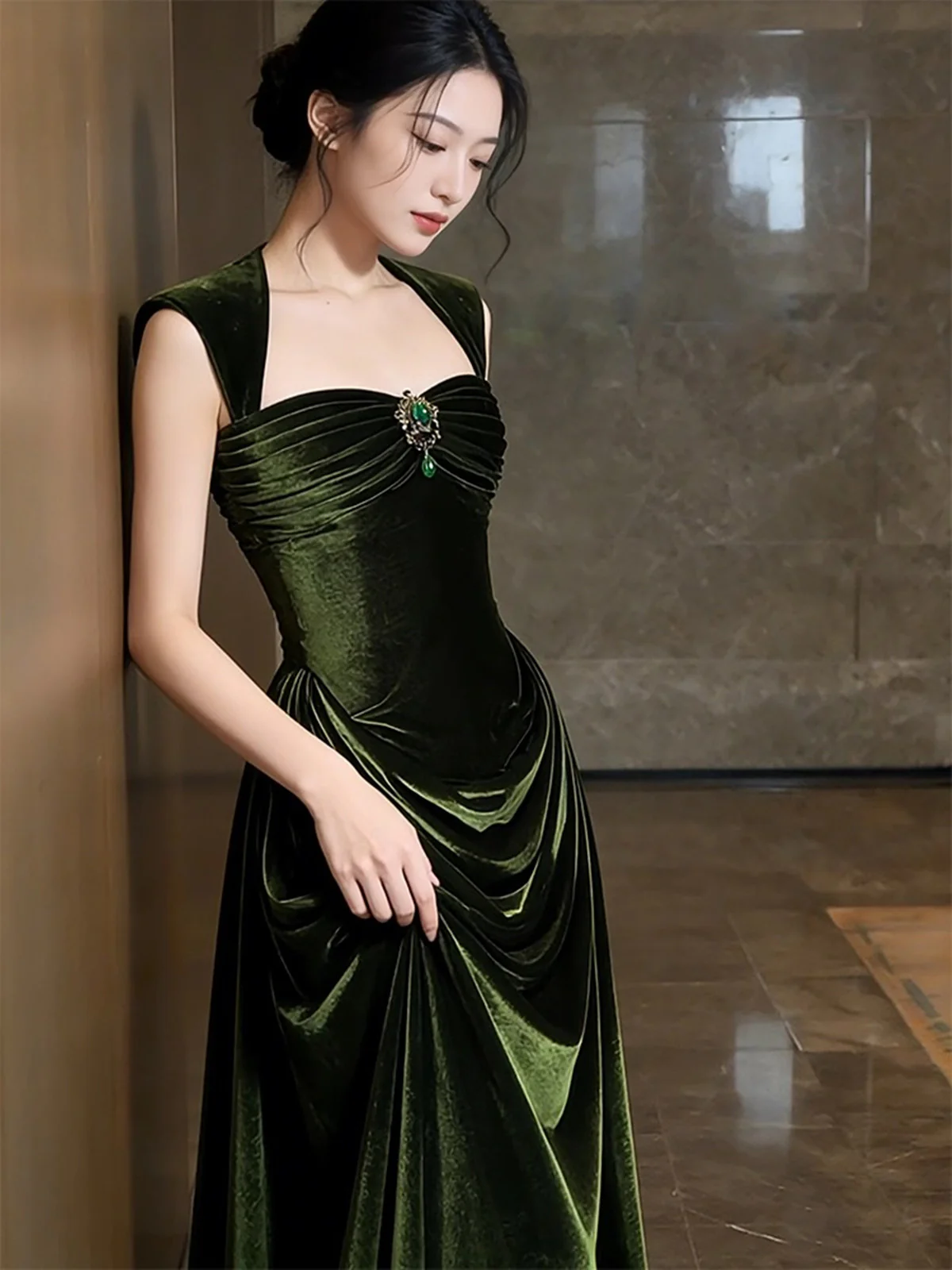 Green Velvet Sweetheart Long Prom Dress, Green Velvet Wedding Party Dress Formal Dress  fg8721