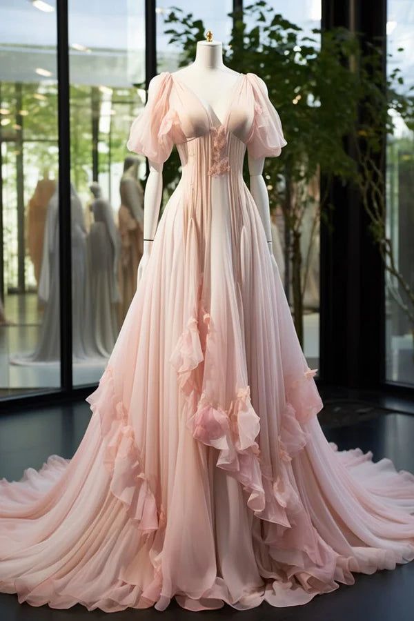 Pink Fashion Elegant A-line Long Tulle Floor-length Evening Dress Ball Gown Wedding Dress  fg8528