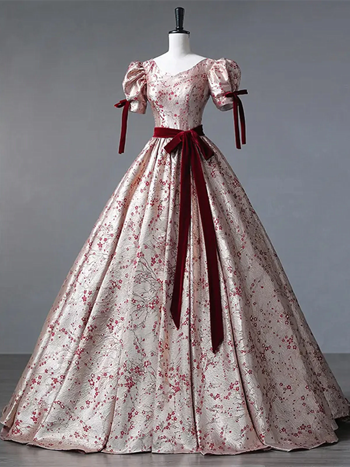 Floral Princess Gown with Burgundy Bows and Puff Sleeves, Long Prom Dress Party Dress  fg8735