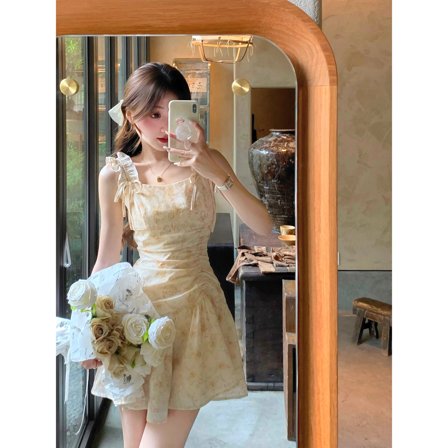French-style yellow floral dress  A40