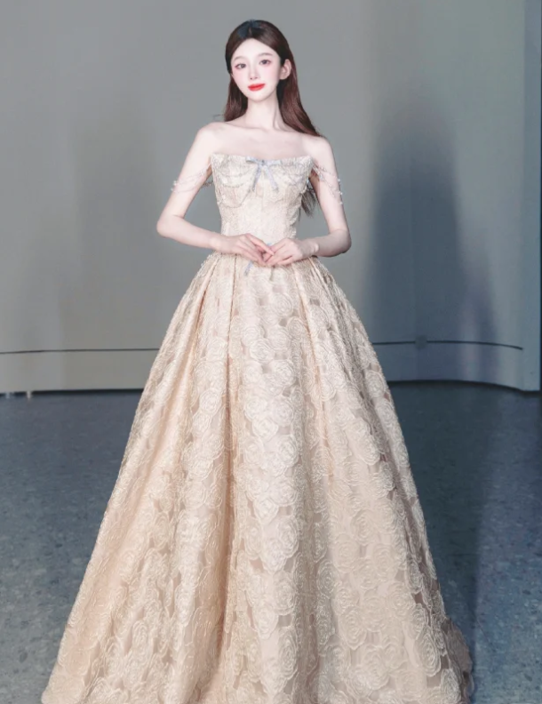 Champagne Strapless Prom Gown Lace  Elegant Evening Dress fg8651