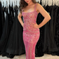 Gorgeous Pink Spaghetti Straps Sequin Beaded Long Evening Dress Formal Party Gown fg8357