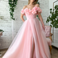 Pink Floral Prom Dresses, Off The Shoulder Evening Gown, Tulle Long Prom Dress  fg4679