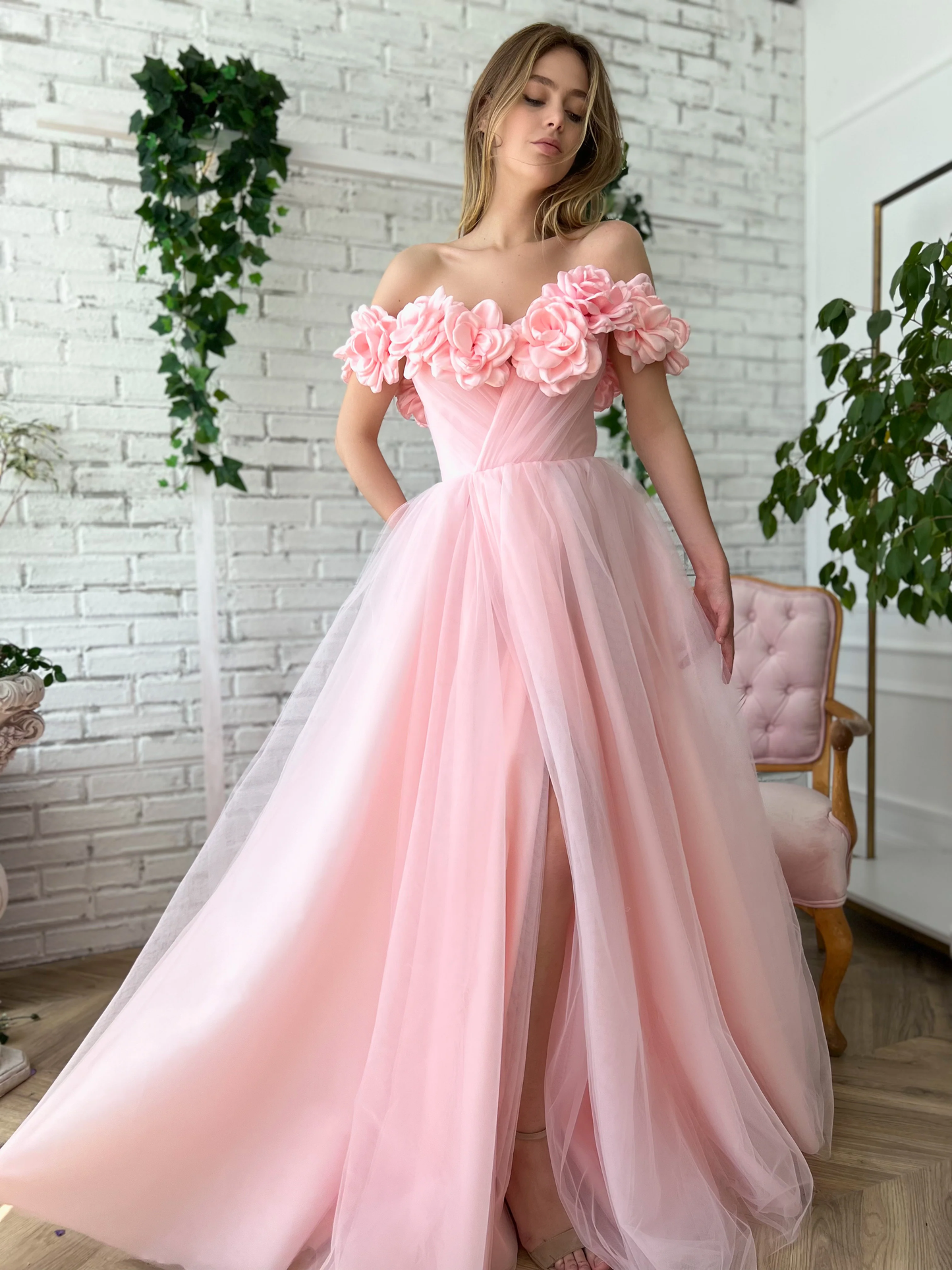 Pink Floral Prom Dresses, Off The Shoulder Evening Gown, Tulle Long Prom Dress  fg4679