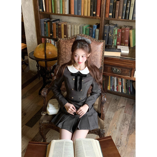 Wool dress, winter preppy style, gray pleated skirt A15