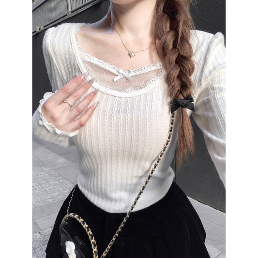 French-style lace base layer top for women slim fit  A45
