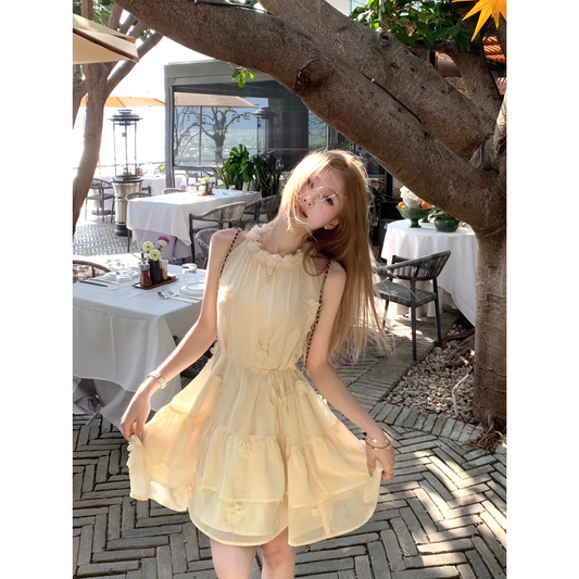 Creamy yellow halter neck dress French style short skirt  A41