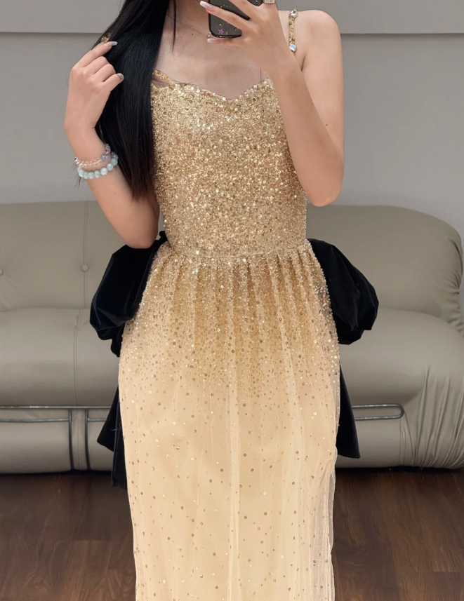Gold Sequin Prom Party Dress Birthday Outfit Shiny Evening Dress  fg8638