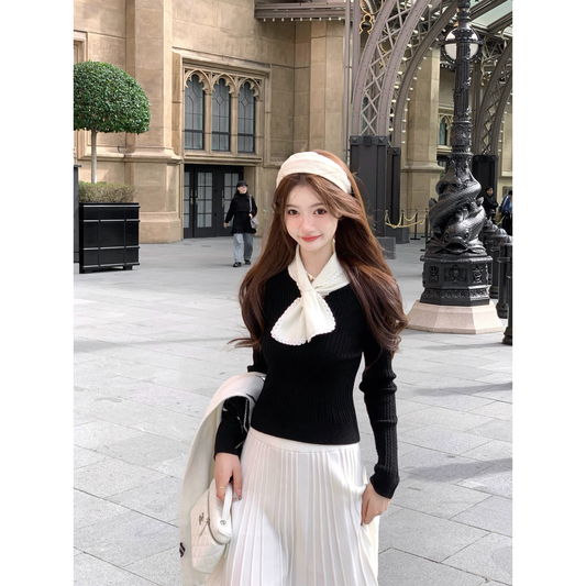 Cable knit long-sleeved black sweater top  A79