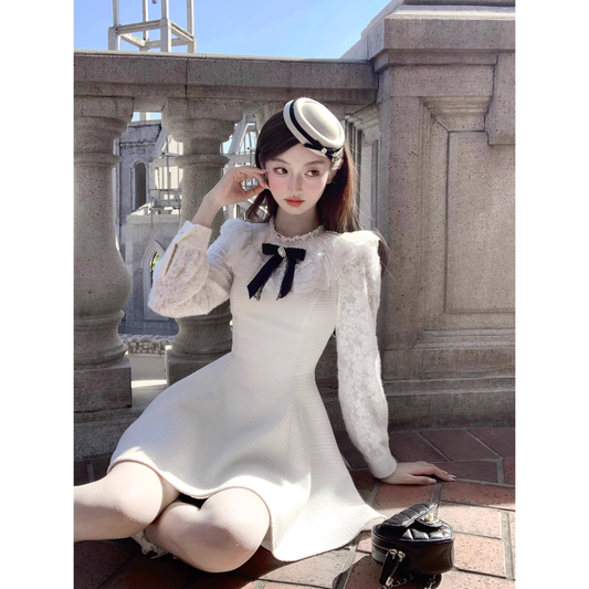 Lace dress for women, off-white princess short skirt  A04