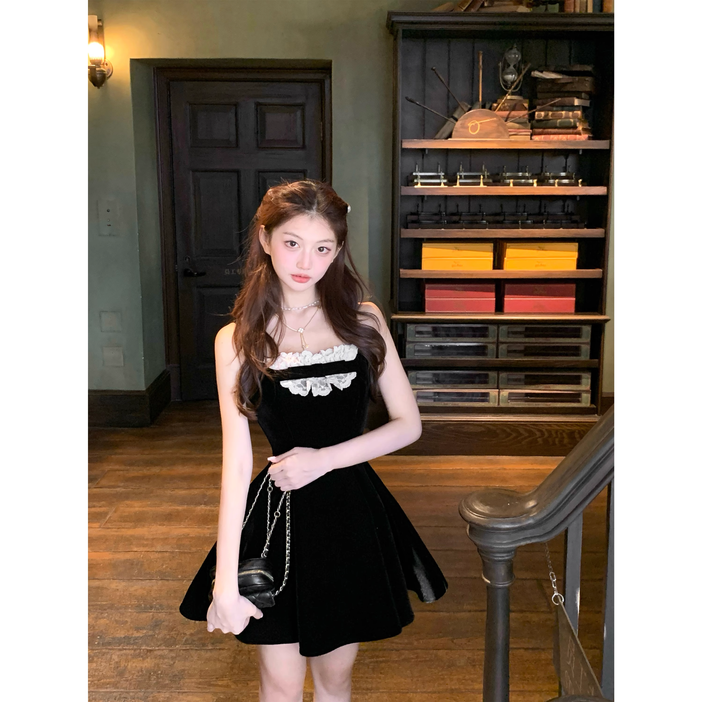 Velvet black dress birthday suspender little black dress for autumn and winter   A86