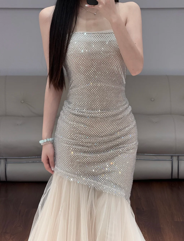 Sleeveless Silver Prom Party Dress Mermaid Evening Dress  fg8709