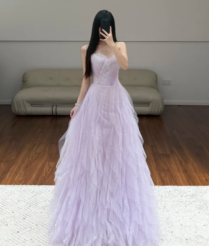 A Line Lilac Prom Party Dress Tulle Formal Gowns Evening Dress  fg8680