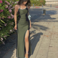 Schlichtes Etui-Ballkleid mit Schlitz, dunkelblaues Abschlusskleid fg4187