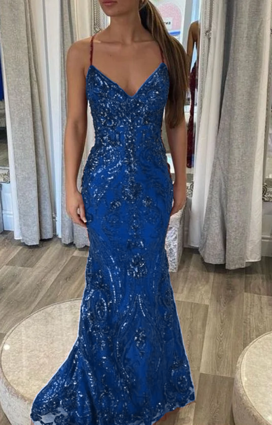 Designer Spaghettiträger Langes Meerjungfrau Ärmelloses Ballkleid fg4826