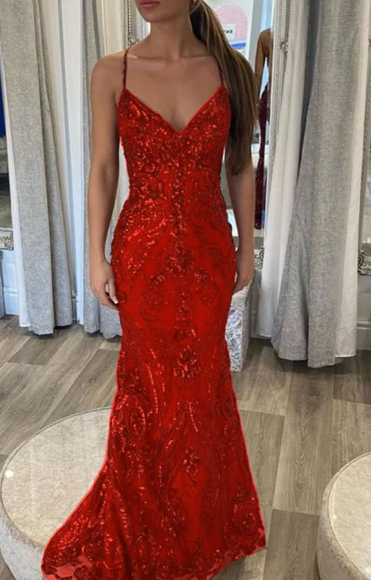 Designer Spaghettiträger Langes Meerjungfrau Ärmelloses Ballkleid fg4826