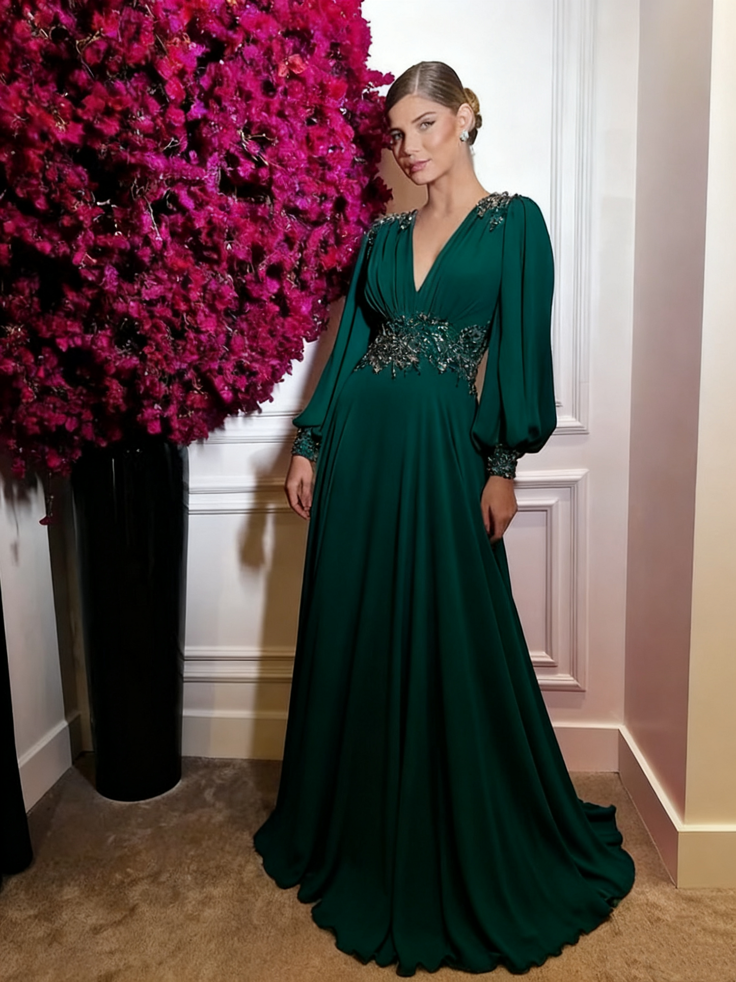 Robe de bal fuchsia en mousseline de soie, robe de soirée simple, manches longues bouffantes, col en V, fente latérale, robe de soirée trapèze fg4859