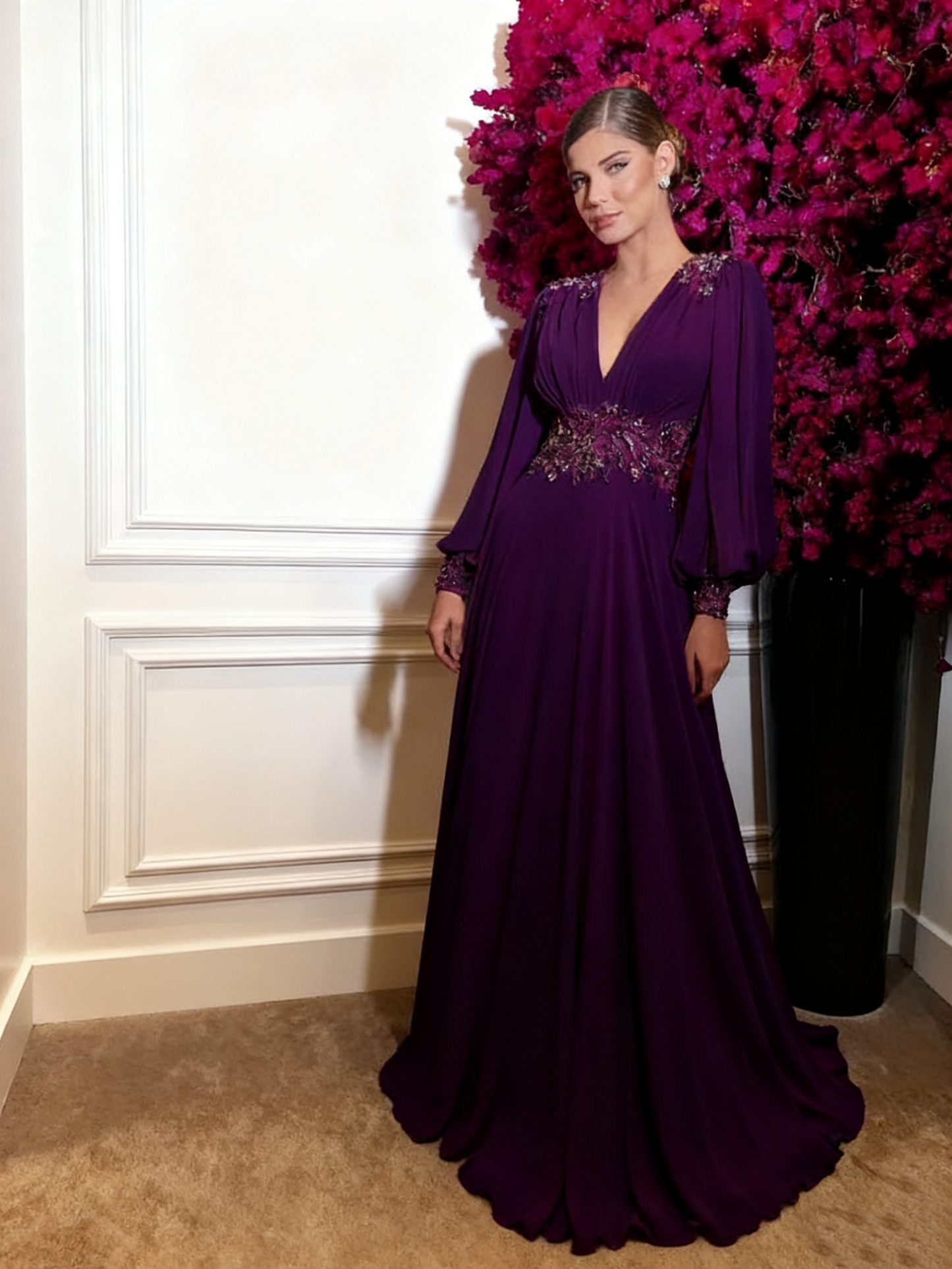 Robe de bal fuchsia en mousseline de soie, robe de soirée simple, manches longues bouffantes, col en V, fente latérale, robe de soirée trapèze fg4859