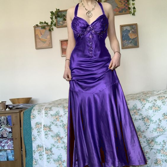 Neckholder A-Linie Satin Langes Ballkleid Vintage Formales Partykleid fg5843