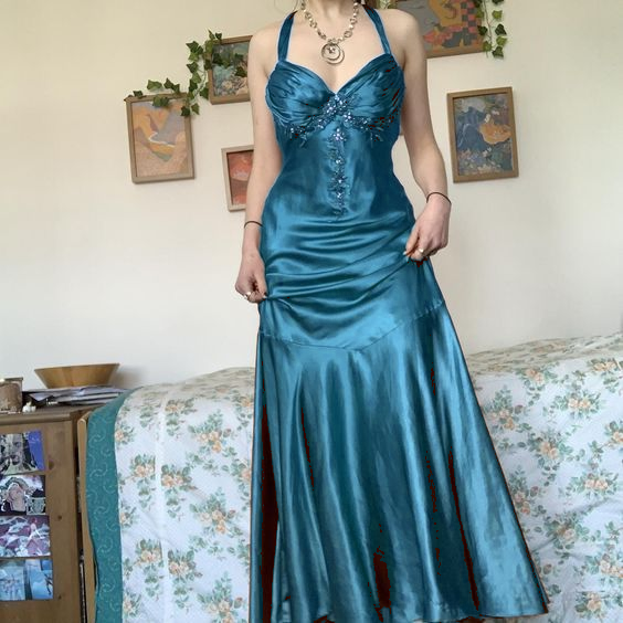Neckholder A-Linie Satin Langes Ballkleid Vintage Formales Partykleid fg5843