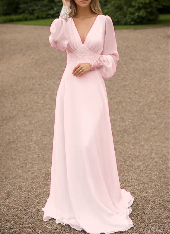Elfenbeinfarbenes Spitzen-Brautkleid, Langarmkleid mit Knopfleiste hinten und langer Schleppe, Spitze und Chiffon, Brautkleider fg6636