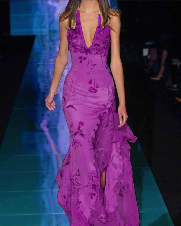 Mermaid Embroidered Long Prom Dress,Deep V Neck Evening Dress With Slit     fg7305