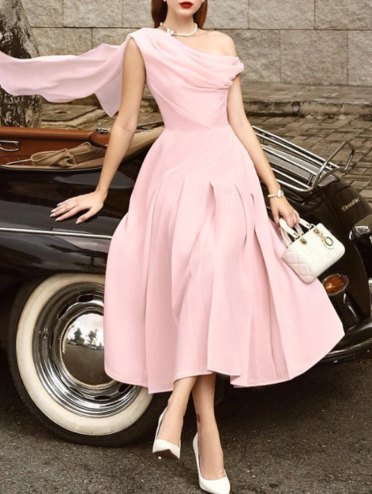 A-Line Cocktail Dresses Elegant Dress Wedding Guest Tea Length Sleeveless Cowl Neck Chiffon Prom Party Dress    fg7773