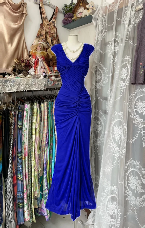 Navy Blue Mermaid Pleats Vintage Prom Dress Long Evening Dress   fg8038