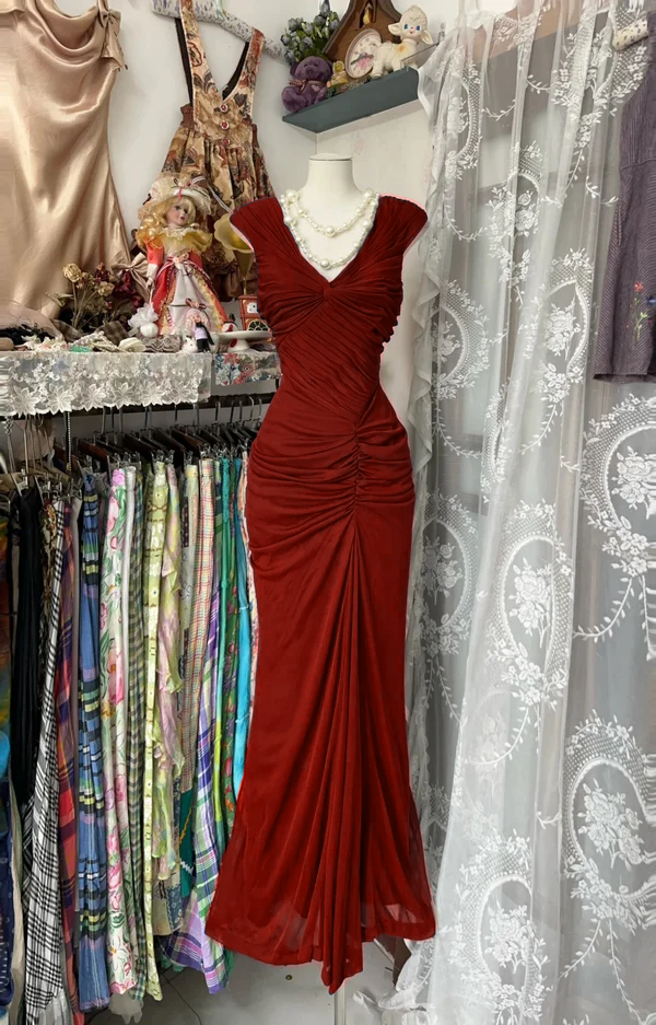 Navy Blue Mermaid Pleats Vintage Prom Dress Long Evening Dress   fg8038