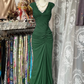 Navy Blue Mermaid Pleats Vintage Prom Dress Long Evening Dress   fg8038