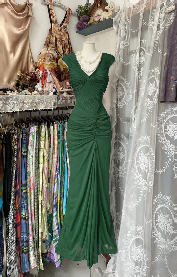 Navy Blue Mermaid Pleats Vintage Prom Dress Long Evening Dress   fg8038