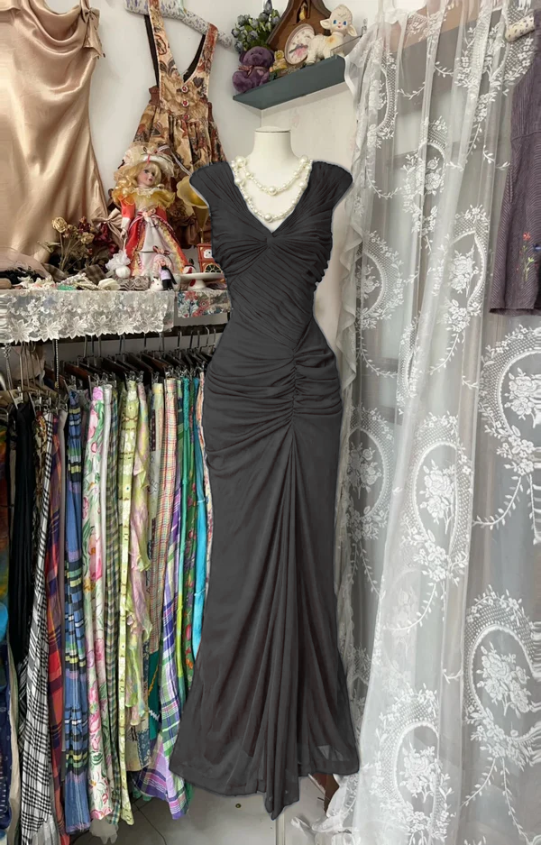 Navy Blue Mermaid Pleats Vintage Prom Dress Long Evening Dress   fg8038
