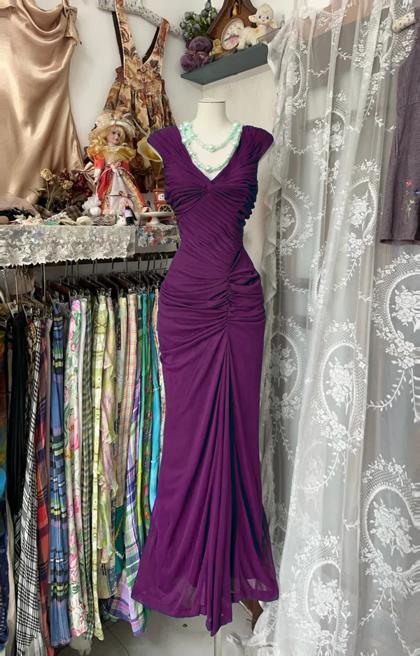 Navy Blue Mermaid Pleats Vintage Prom Dress Long Evening Dress   fg8038