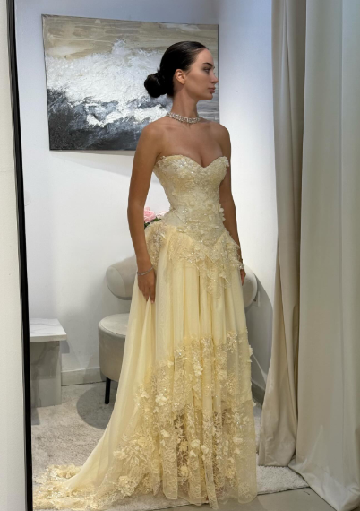 Yellow A Line Sweetheart Neck Long Prom Dress Evening Dress With Applique fg8222