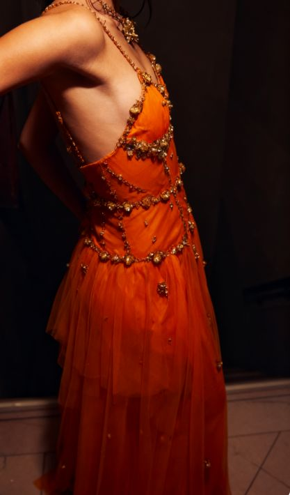 Perlenbesetztes orangefarbenes Vintage-Tüll-Ballkleid zum 21. Geburtstag, Outfit, Abendkleid fg8236