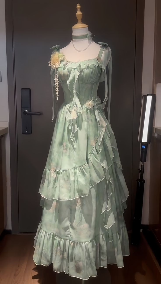 Bow Straps Green Prom Dress Cute Evening Dress Birthday Outfit fg8272