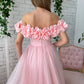 Pink Floral Prom Dresses, Off The Shoulder Evening Gown, Tulle Long Prom Dress  fg4679