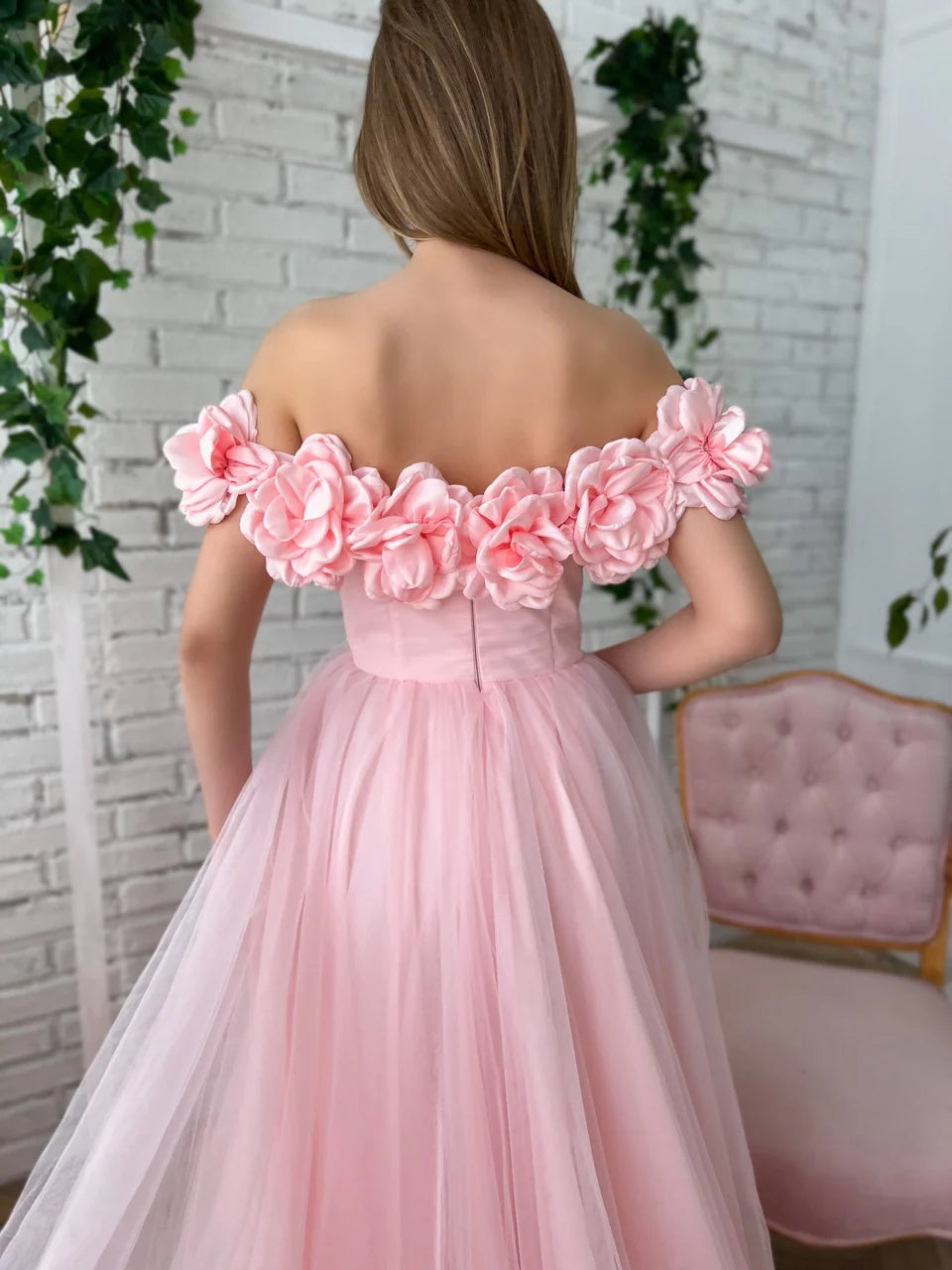 Pink Floral Prom Dresses, Off The Shoulder Evening Gown, Tulle Long Prom Dress  fg4679