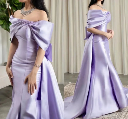 Lilac Pearls Evening Birthday Dress 2024 Off-The-Shoulder Mermaid Sweep Train Bow Satin Formal Prom Gowns       fg4285