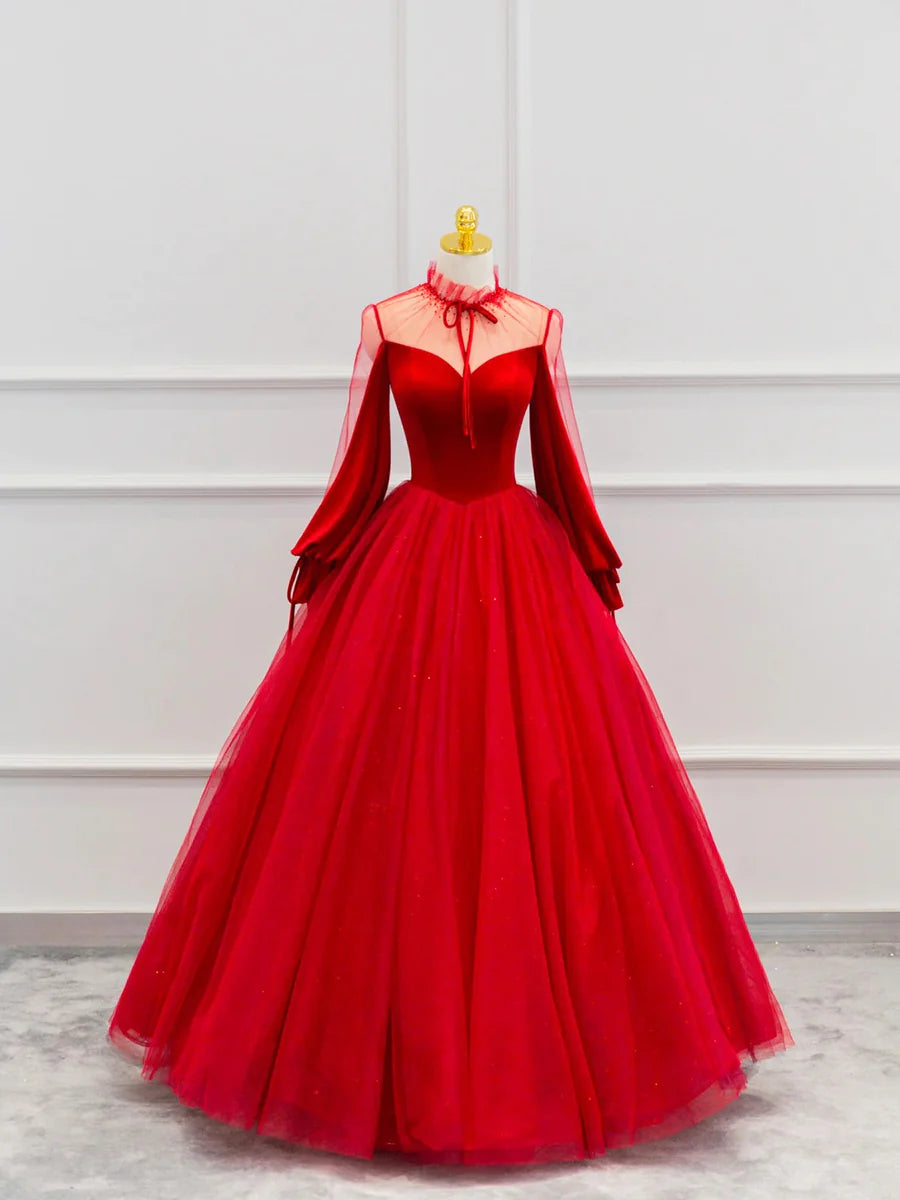 Red Velvet Tulle Floor Length Prom Dress, Beautiful Long Sleeve Evening Party Dress       fg4355