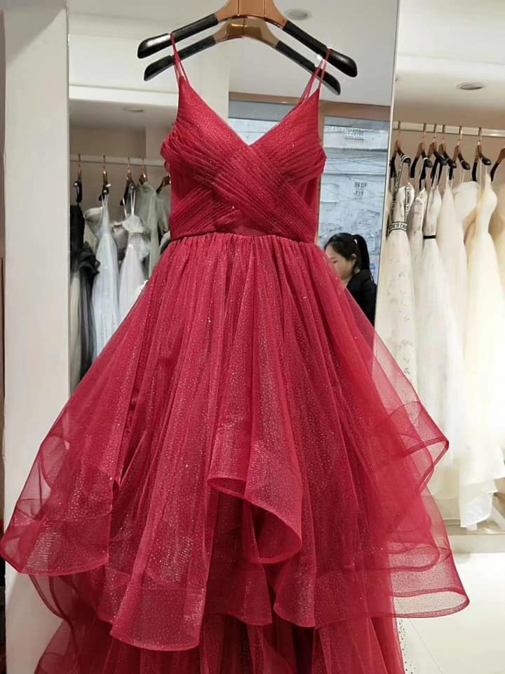 A Line Spaghetti Straps Sparkly Red Tulle Prom Dresses     fg3088