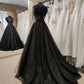 Black Wedding Dresses with Beaded Lace Appliques    fg2666
