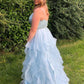 Stunning Ball Gown V Neck Blue Tulle Prom Dresses with Beading     fg2365