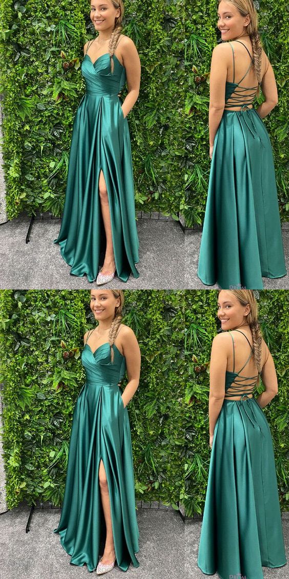 grünes Ballkleid mit seitlichem Schlitz und überkreuztem Ausschnitt fg2567